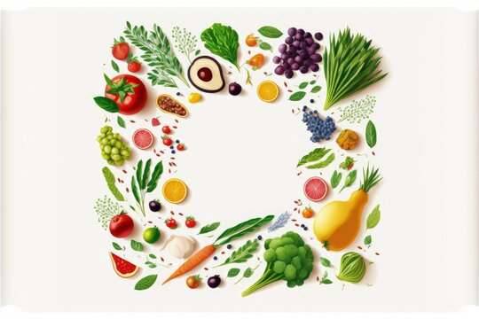 White background with fruits and vegetables, concept of diet and healthy eating. Generative AI