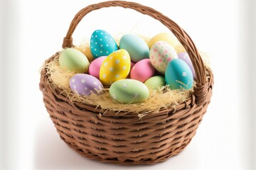 Fototapeta na wymiar Illustration of basket full of easter eggs, white background. Generative AI