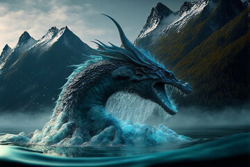 Sea serpent emerging out of the water creating large waves with mountains in the background.