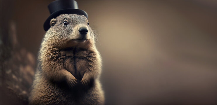 Happy Groundhog day, Fabulous cute alert groundhog wearing a top hat. A holiday traditionally celebrates with this critter. Will he see his shadow, early spring, or long winter. Generative Ai image.