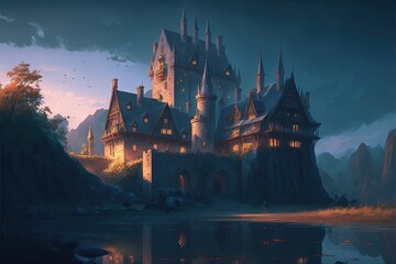 Medieval castle landscape, night scene, anime style. Generative AI
