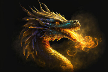 Gold dragon breathing gold fire on a black background. Mythological Creature.