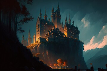 Naklejka premium Medieval castle landscape, night scene, anime style. Generative AI