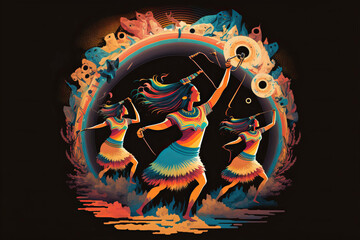 Navajo people dancing with abstract imagery of music making, and instruments and music-making, and joyful rhythm of artistic expression.