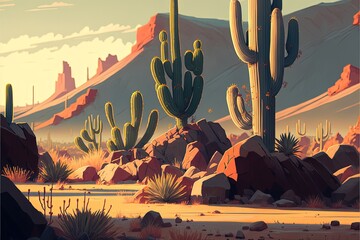 Desert landscape with cactus rocks and canyons, anime style. Generative AI
