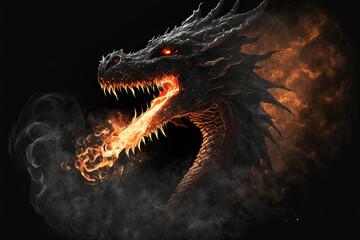 Fototapeta na wymiar Black dragon breathing golden fire and smoke on a black background. Mythological Creature.
