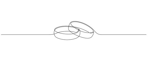 One continuous line drawing of Wedding rings. Romantic elegance concept and symbol proposal engagement and love marriage in simple linear style. Editable stroke. Outline vector illustration - obrazy, fototapety, plakaty