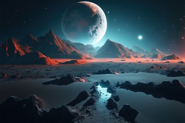 Desert landscape on the surface of another planet with mountains and giant moon in space. Generative AI