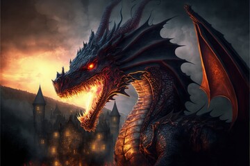 Mystical dragon with flames in its mouth, medieval castle in the background, fantasy concept. Generative AI