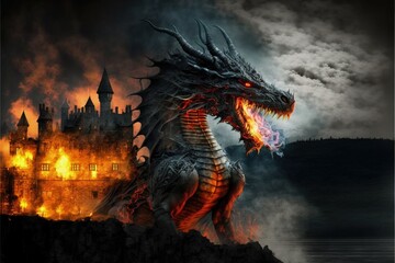 Mystical dragon with flames in its mouth, medieval castle in the background, fantasy concept. Generative AI