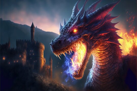 Mystical dragon with flames in its mouth, medieval castle in the background, fantasy concept. Generative AI