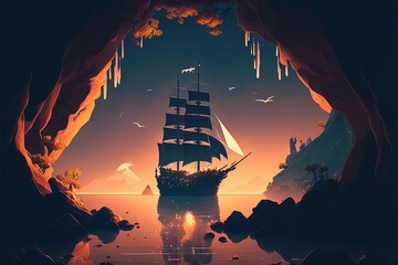Landscape with pirate boat on sea and island, night scene. Generative AI