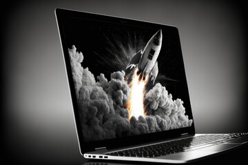 Illustration of rocket coming out of laptop screen, black background. Generative AI