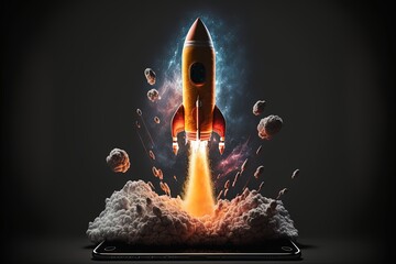 Rocket illustration on iphone cell phone screen, black background. Generative AI