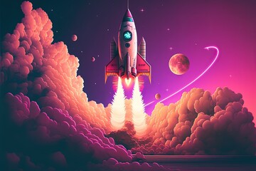Landscape illustration with rocket taking off, vaporwave style. Generative AI