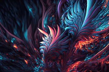 Abstract floral background wallpaper, burning leafs, turquoise, cerulean blue and orange, generative AI