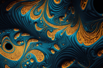 Abstract background with swirls, turquoise and gold fabric shapes, illustration, generative AI