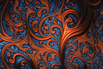 Blue and dark orange abstract background, constrasty colors and floral shapes, illustration, generative AI