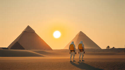 Astronauts in space against Egyptian pyramids. Alien landscape. Generative AI
