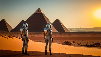 Astronauts in space against Egyptian pyramids. Alien landscape. Generative AI