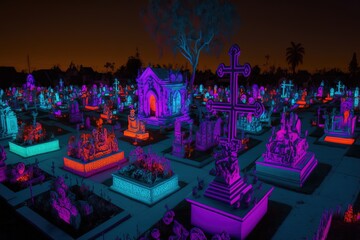 Day of the dead. Cemetry with glowing light. Neon light. Generative AI