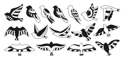 Bird with abstract ornaments doodle stylized set. Hand drawn linear modern trendy fowl or sparrow, dove pigeon stamp. Cute various contour glyph birds comic songbird ethnic vector graphic element