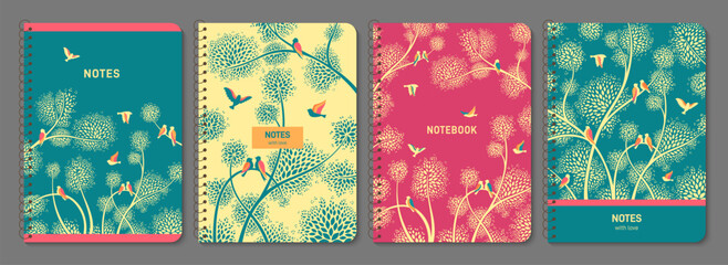 Flock of bird and tree abstract trendy notebook cover set. Exotic dove design for planner, brochure, book, catalog. Notepad with sparrow romantic ornament. Decorative fowl layout page print template