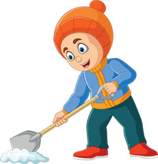 Cartoon little boy in winter clothes shoveling snow