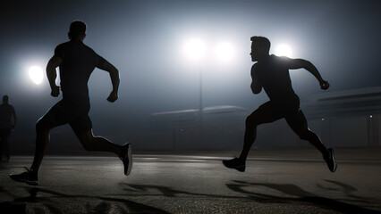 men running at night, silhouette, workout, sport, healthy life, Generative AI