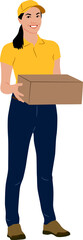 Hand drawn delivery woman with a cardboard box. Female warehouse worker holding box. Vector flat style illustration isolated on white. Full length view	