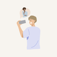 Happy people chatting through a mobile application.People Character holding smartphone for technology or internet communication concept.Vector illustration.