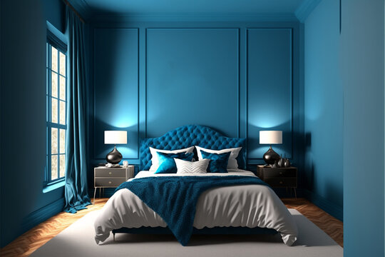 The Blue Color In The Premium Bedroom And Blue Navy. Painted Mockup Wall For Art And Crimson Burgundy Color Bed, Generative AI