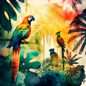 Parot on Tree - Watercolor Digital Painting