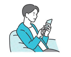 ソファに座りながらスマホをチェックする若い男性のベクターイラスト素材／アプリ／買い物