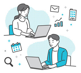 パソコンでメールをチェックしたりスケジュールを管理する、若い男女のベクターイラスト素材／若者／ビジネス／テレワーク