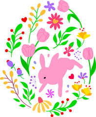 Easter floral and rabbits in oval shape. Suitable for social media posta, mobile apps, card, invitation, banner and web design. Vector illustration.