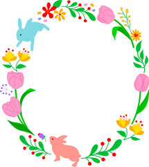 Easter floral and rabbits in circle frame. Suitable for social media posta, mobile apps, card, invitation, banner and web design. Vector illustration.