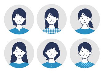 笑顔の女性のアバターアイコンイラストセット 青