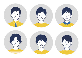 笑顔の男性のアバターアイコンイラストセット 黄色