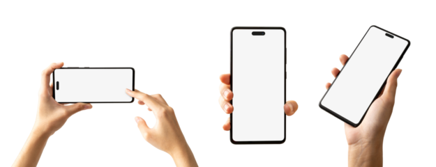 Woman hand holding the black smartphone with mock up blank screen and modern frame, Set of different angles and positions, isolated background