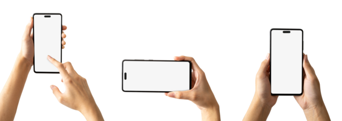 Woman hand holding the black smartphone with mock up blank screen and modern frame, Set of different angles and positions, isolated background