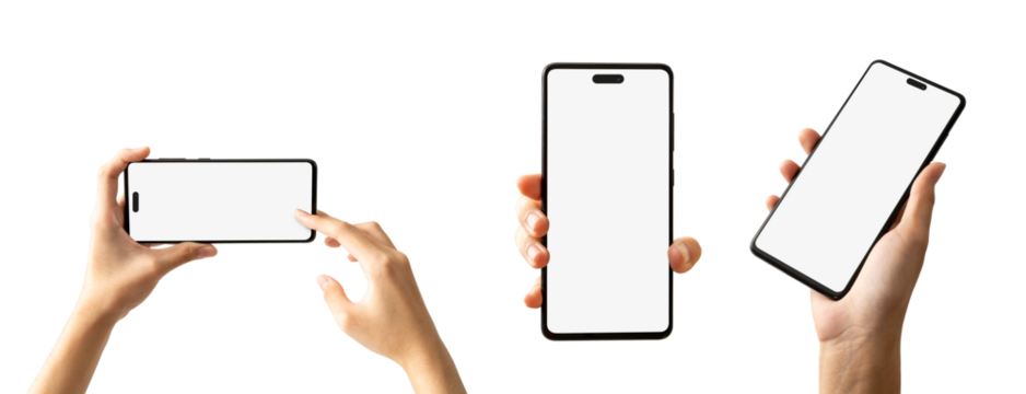 Woman hand holding the black smartphone with mock up blank screen and modern frame, Set of different angles and positions, isolated background