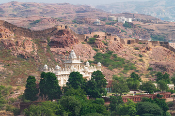 Fototapeta premium View of Jaswant Thada, cenotaph, from Mehrangarh fort Jodhpur,Rajasthan, India, Thada was built by Maharaja Sardar Singh, built of marble which emit a warm glow when illuminated by the Sun.
