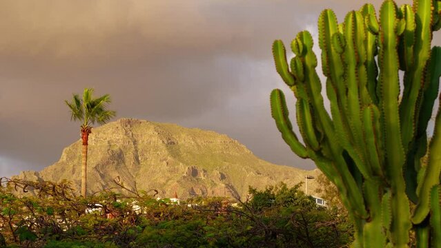Beautiful timelapse of fast moving clouds at Las Americas (Tenerife, Spain), distant mountain, golden hour light before the sunset, vegetation in foreground, medium shot