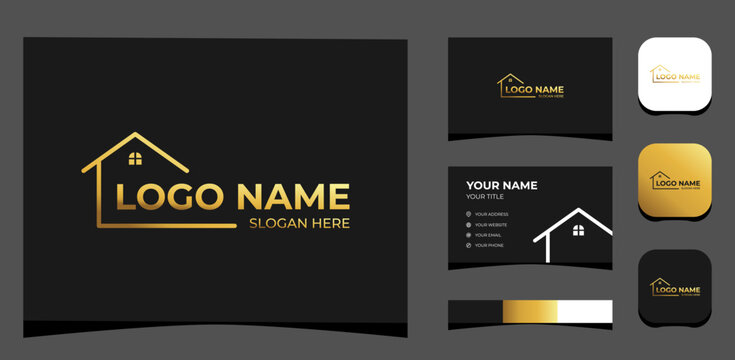 Template Logo Creative M Home and typography, Luxury Gold concept. Creative Template with color pallet, visual branding, business card and icon.