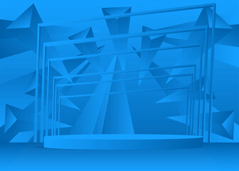 Abstract Blue Mockup product display. Realistic vector 3D room, cylinder pedestal podium. Stage showcase for presentation. Futuristic Sci-fi minimal geometric forms, empty scene.