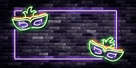 Vector realistic isolated neon sign of Mardi Gras frame on the wall background.