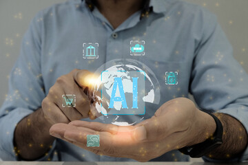 Businessman holding and touch the world, display virtual screen artificial intelligence (AI) to manage business processes through various icons, and artificial intelligence concepts.