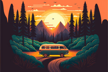 Van Life Adventure A Serene Illustration of a Minivan Traveling Along a Winding Forest Road Surrounded by a Beautiful Mountain Landscape at Sunset