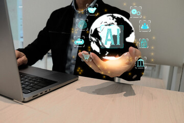 Businessman holding the world and display virtual screen artificial intelligence (AI) to manage business processes through various icons, and artificial intelligence concepts.